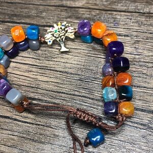 Multicolor Gemstone Bead Bracelet with Gold Tree Charm